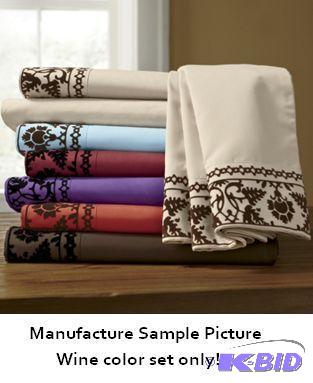 lot 47 image: Flocked Hem Sheet Set - Wine Color - Full S...