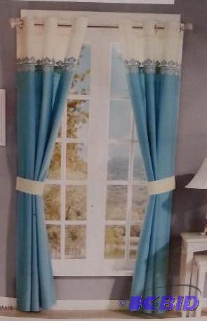 lot 25 image: ideology JCPenny 2 Grommet Window Panels. Teal and Cream with embroidery detail. NIP