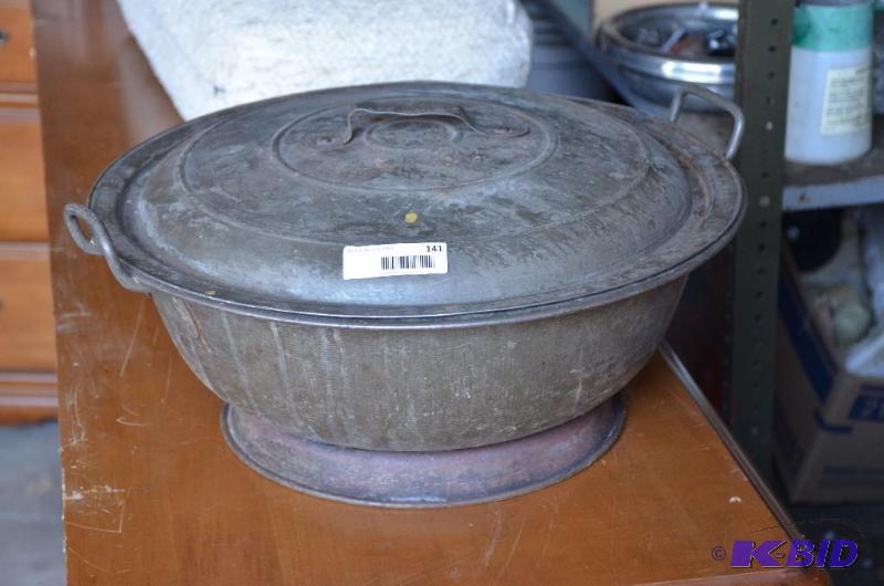 lot 141 image: Antique metal bread rising bowl with lid. It ...