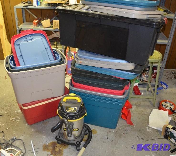lot 182 image: Stanley shop vac and plastic tubs...