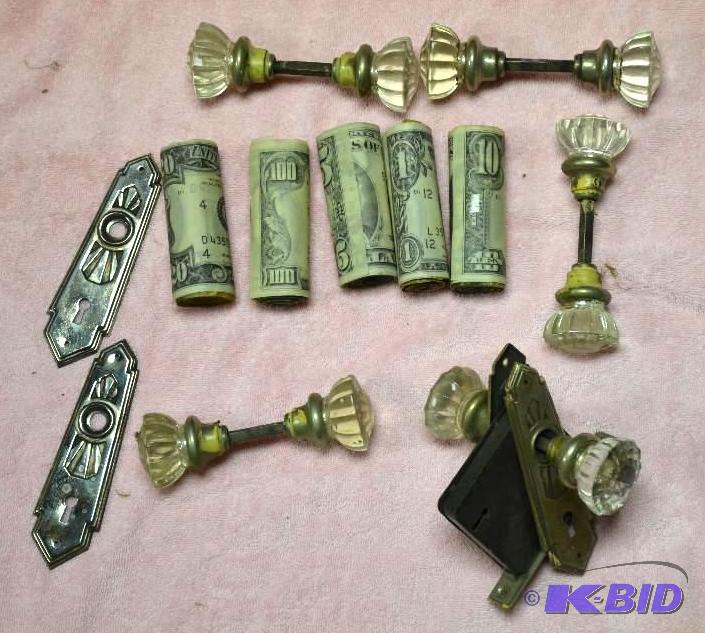 lot 82 image: Antique glass door handles & plates, fake...