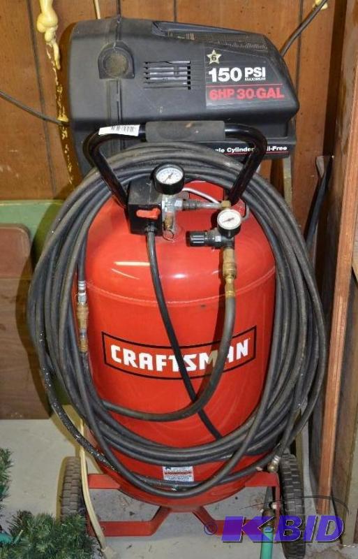 lot 97 image: 150 PSI maximum 6HP 30 gal. air compressor. b...