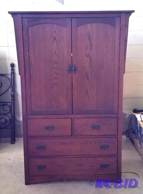lot 18 image: Cherry Stained Mission Style Armoire with Very Deep Drawers.