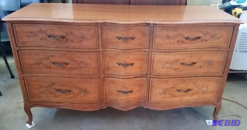lot 19 image: Elegant 3 Piece Drexel Bedroom Set.  With Dove Drawers.  Dresser Mirror and Nightstand