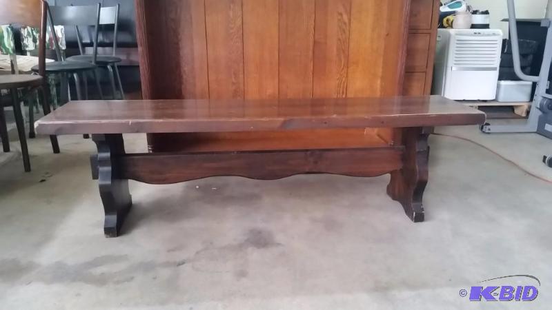 lot 20 image: Dark Stained Solid Wood Chunky Bench.