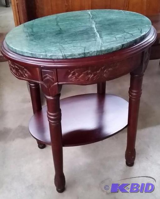 lot 21 image: Cherry Stained Solid Wood Carved Marble Hall Stand or Plant Stand