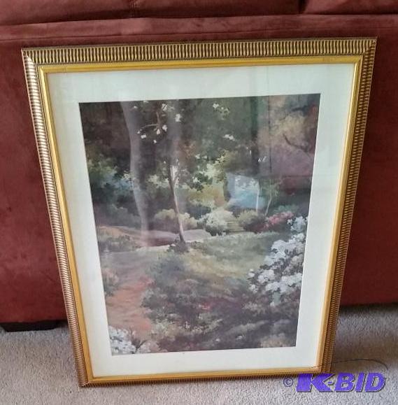 lot 42 image: Landscape Print with Decorative Gold Frame.