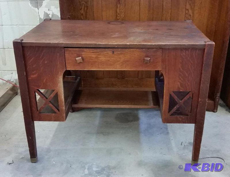 lot 8 image: Antique Mission Style Library Desk.  Solid Tiger Oak Wood.  Original Knobs