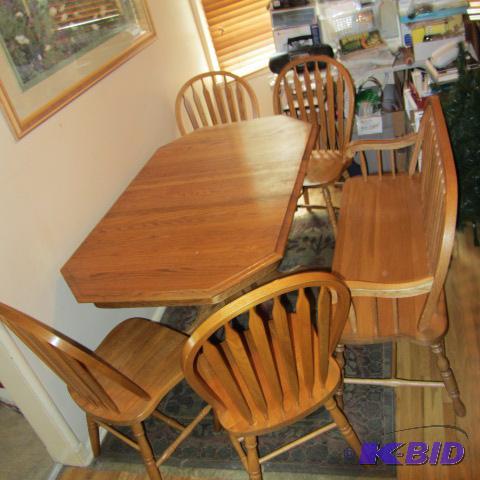 lot 1 image: Dining Table, Chairs, Bench