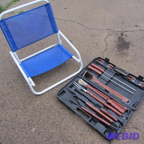 lot 294 image: Beach Chair, BBQ Tools