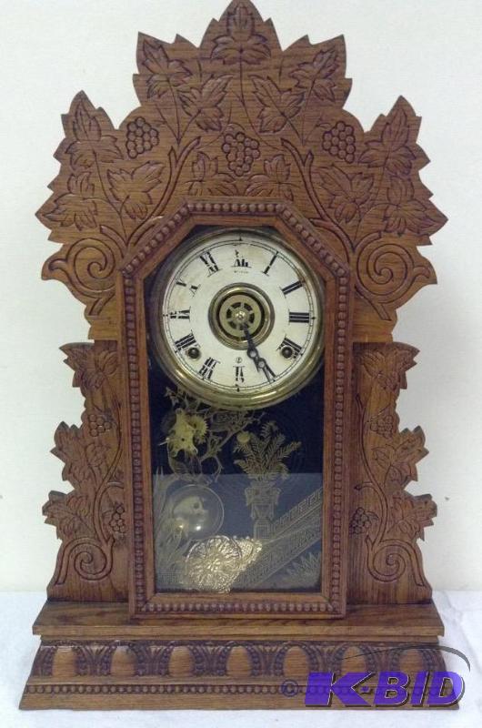 lot 15 image: Lovely Gingerbread Shelf Clock Concord No. 5 by W.L. Gilbert Clock Co.