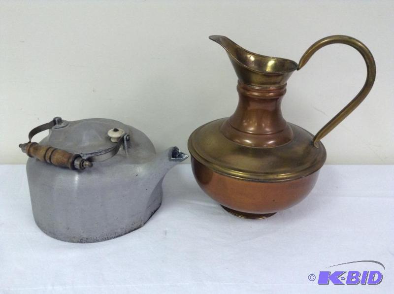 lot 48 image: Copper & Brass Pitcher and Aluminum Kettle