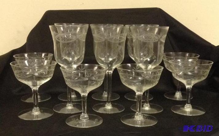 lot 51 image: Nice Old Etched Stemware - Water Goblet and Sherbet