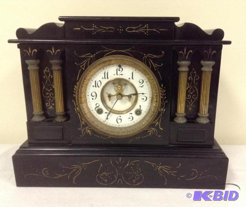lot 62 image: AntiqueVintage Enameled Metal Mantle Clock