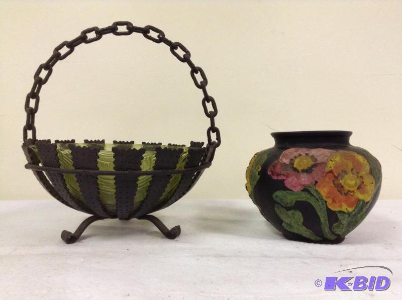 lot 80 image: Wrought Iron Basket with Glass Insert and Cold Painted Glass Vase