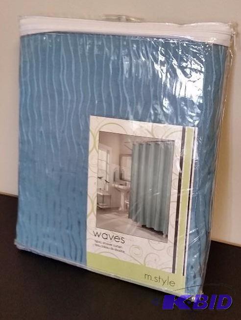 lot 23 image: M. Style Waves Teal Blue Fabric Shower Curtain.
