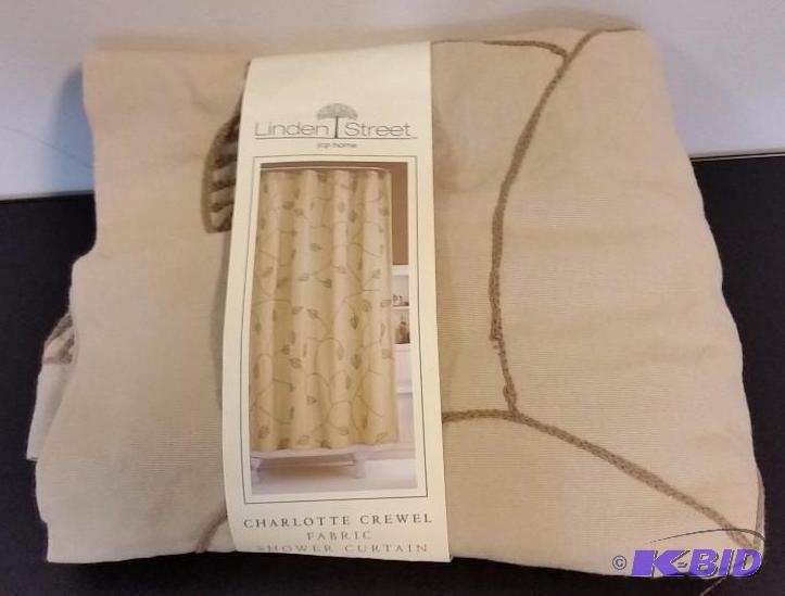 lot 25 image: Linden StreetCharlotte CrewelHeavy Fabric Shower Curtain.Beige with Embroidered Leaf Detail