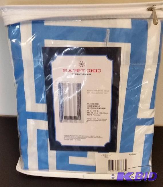 lot 27 image: Happy Chic Reversible Light Blue, Dark Blue and White Fabric Shower Curtain.