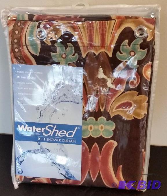 lot 28 image: Water Shed 2 in 1 Fabric Shower Curtain.  Chocolate Brown, Burgundy and Golds.