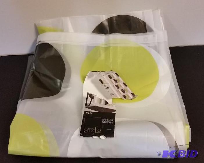 lot 37 image: Studio by JCP Lime Green, White and Brwon Big Dot.  Vinyl Shower Curtain.