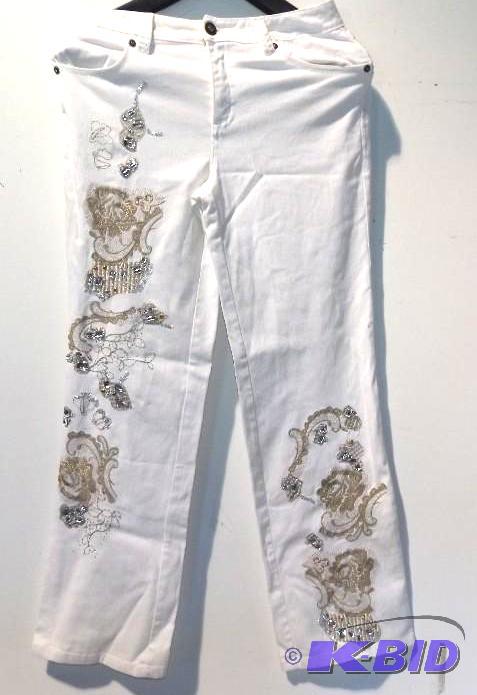 Midnight Velvet white pants with gold and silver pattern and gems