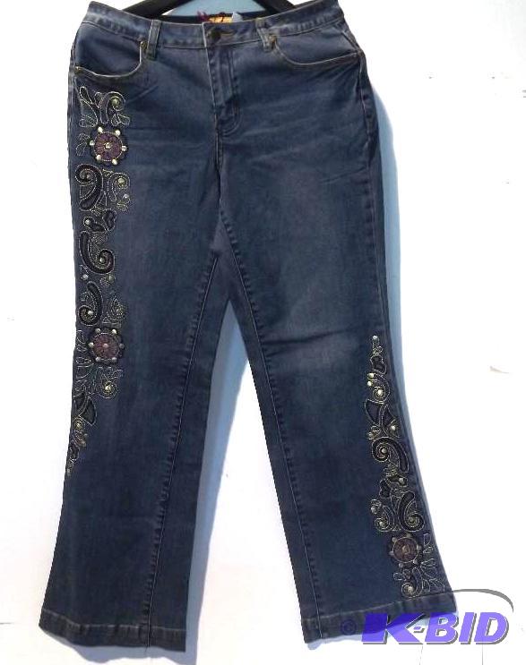 Midnight Velvet blue jeans with maroon and gold flower pattern