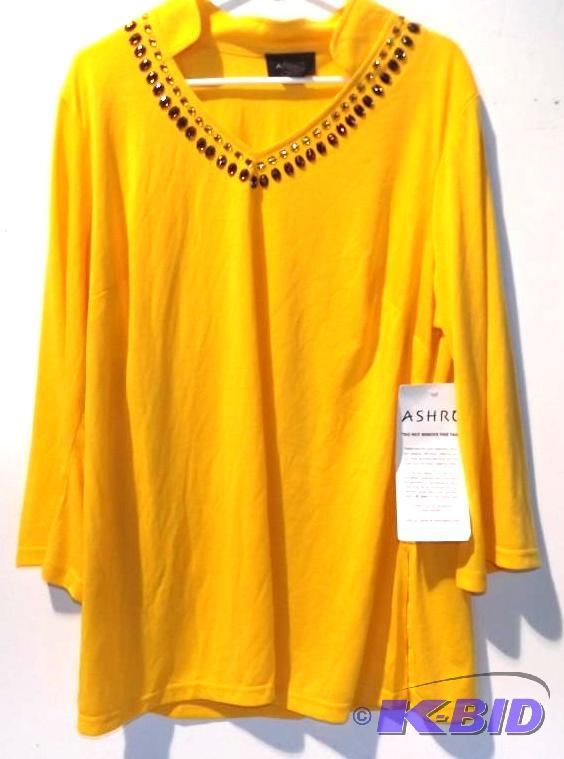 Ashro yellow shirt with beads around neck line