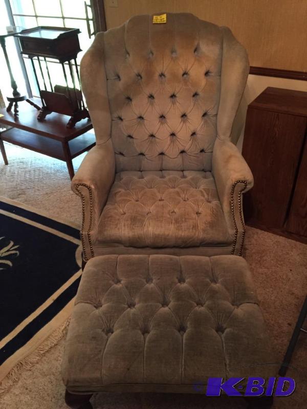 lot 36 image: Button Tufted Wing Back Chair and Ottoman