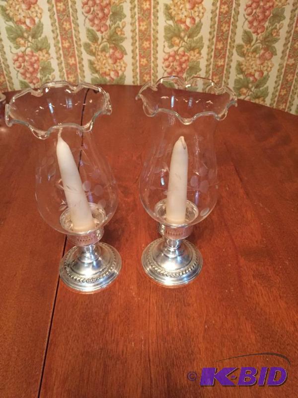 lot 96 image: Sterling Candle Holders with Hurricane Shades
