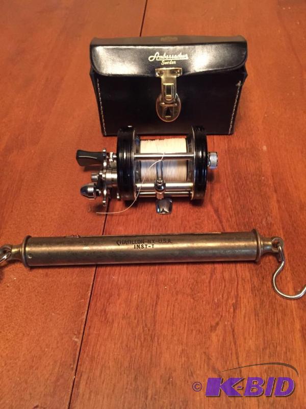 lot 97 image: Vintage Ambassador Sweden Fishing Reel with Case and Brass Chatillon Scale