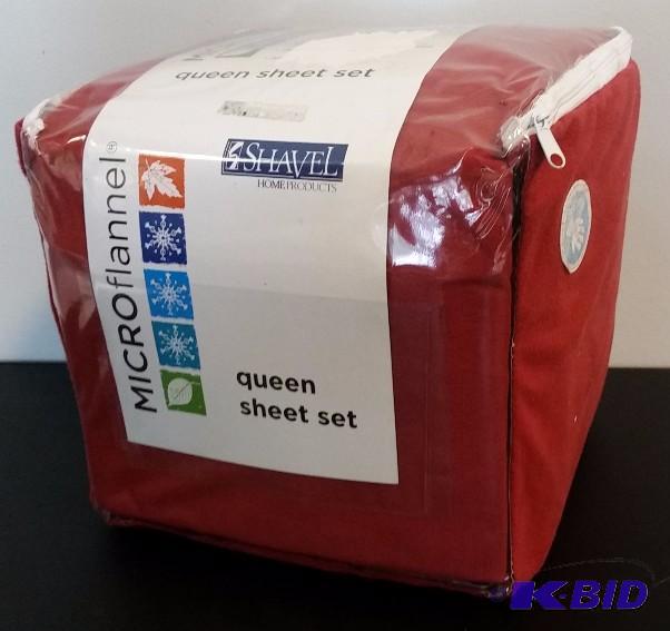 lot 12 image: JCP Home  RED Micro  Flannel  QUEEN Sheet Set.  Flat, Fitted and 2 Pillow cases.  Still in Package.