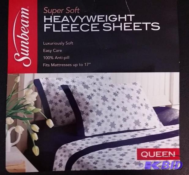 lot 13 image: SunBeam Blue and White Heavy Fleece QUEEN Sheet Set.  Flat, Fitted and 2 Pillow cases.  Still in Package.