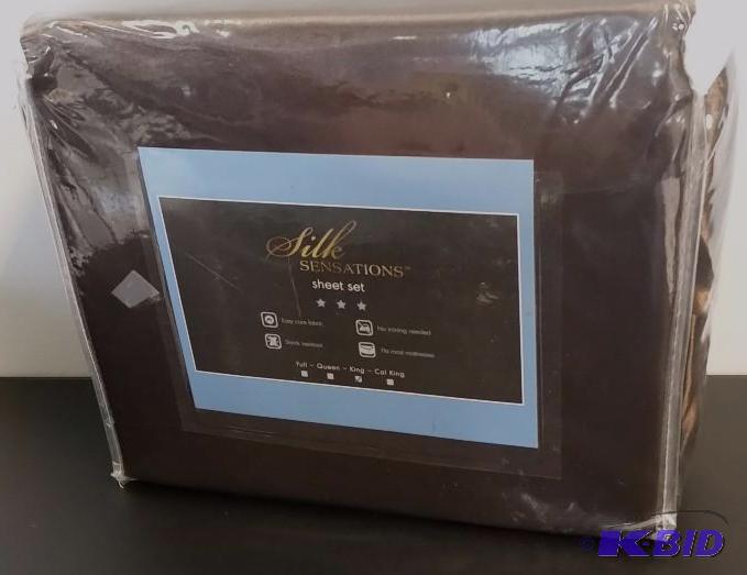 lot 4 image: Silk Sensations.  Chocolate Brown.   KING Sheet Set.  Flat, Fitted and 2 Pillow cases.  Still in Package.