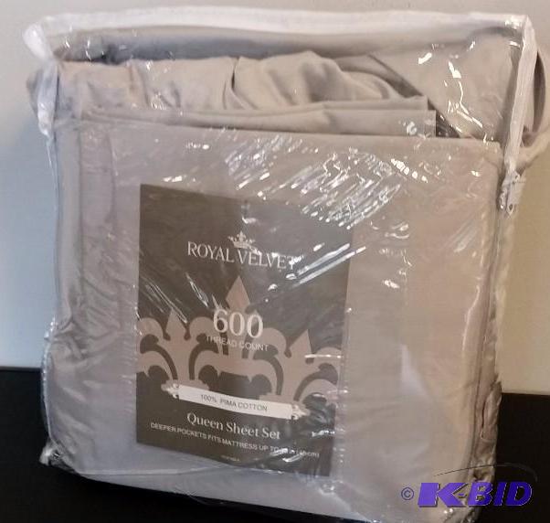 lot 7 image: Royal Velvet Light Taupe  QUEEN Sheet Set.  600 Thread Count Flat, Fitted and 2 Pillow cases.  Still in Package.  Package opened.
