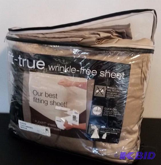 lot 9 image: Fit True Queen Size Sheet Set.  Light Mocha.  Flat, Fitted and 2 Pillow Cases.  Still in Opened Package.