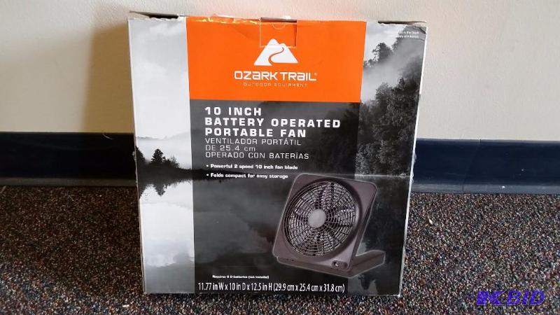 lot 17 image: Ozark Trail.  10 Inch Battery Operated Fan.  Still in Box.  Crack on Side.  Un Tested.  Needs D Batteries