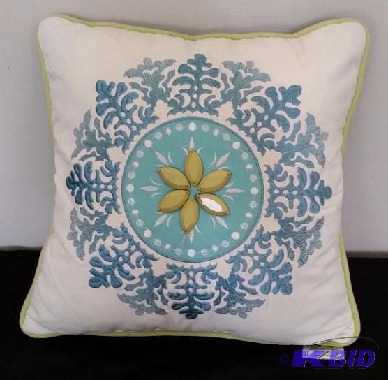 JCP Home  Teal Light Green Beaded and Embroidered.  Decorative Pillow.  18 x 18No Tags. One bead is loose.