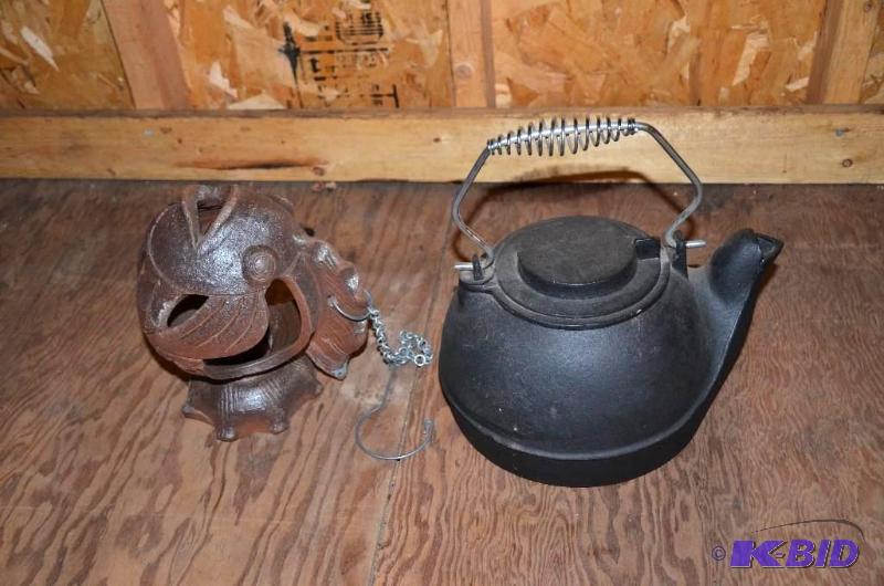 lot 146 image: Cast Iron Tea Kettle Cast Iron Fish Candle Ho...