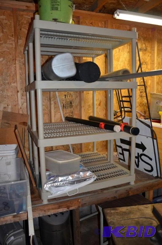 lot 178 image: 2 tan plastic shelves (contents not included)...