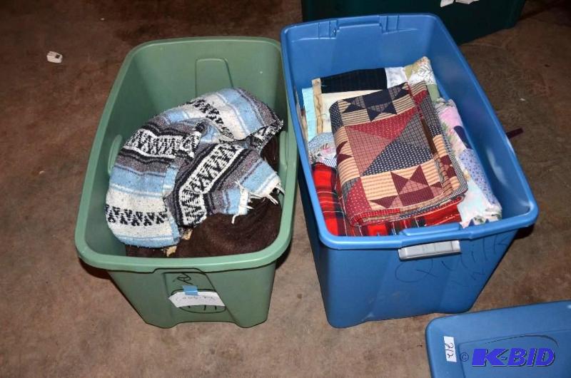 lot 212 image: Tub full of vintage quilts & Navajo blank...