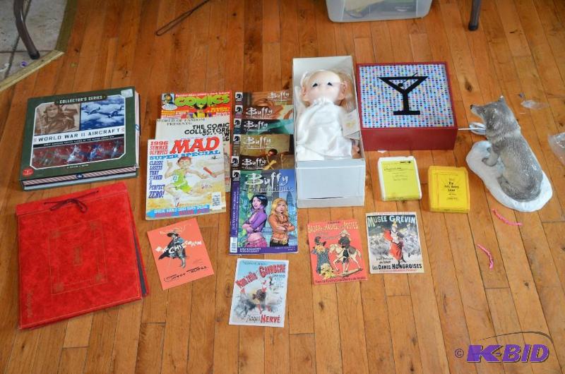 lot 231 image: Lighted sign 12x12", doll, comics, Mad m...