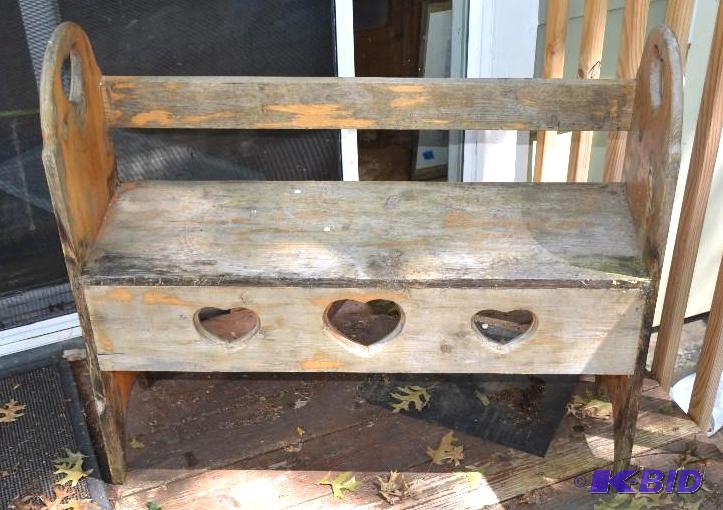 lot 272 image: Wooden bench with heart shapes 36x32x12"...