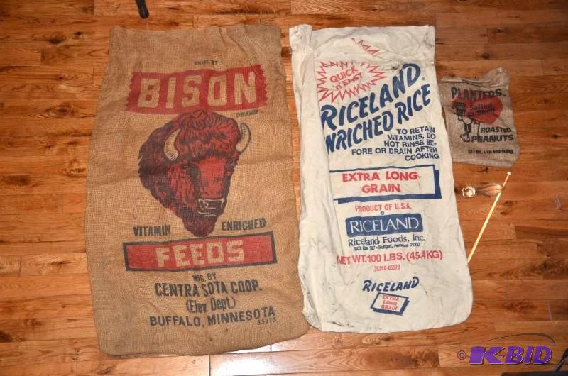 lot 46 image: Vintage Burlap bags   Riceland Rice 100 lb. ...