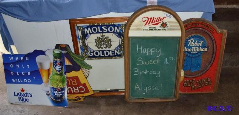 lot 68 image: 5 Beer signs- Miller (33&quotx13") Pab...
