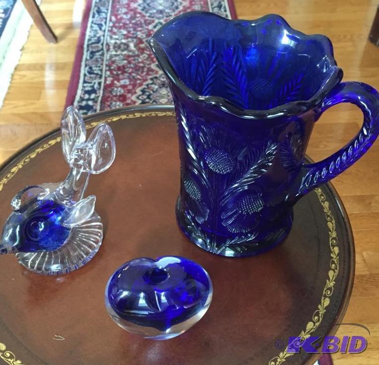 lot 100 image: Cobalt Pressed Glass Pitcher and More