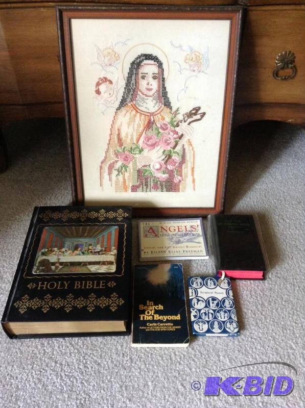 lot 107 image: Religious Lot Includes Large Bible and Cross Stitch of Mary