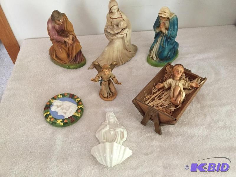 lot 129 image: Nativity Pieces and Belleek Holy Water Font