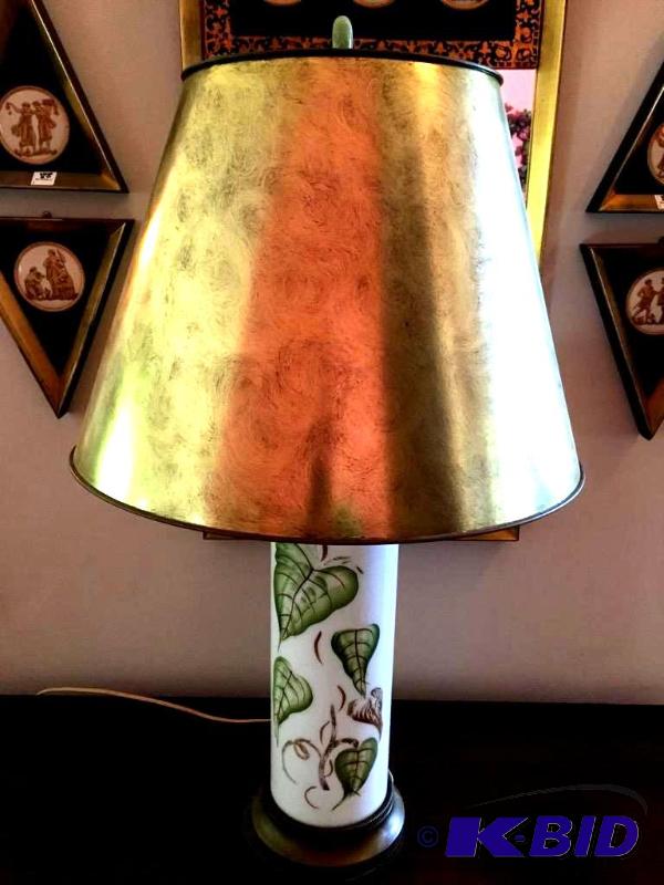 lot 149 image: Hand Painted Lamp with Torchier Glass and Gold Shade