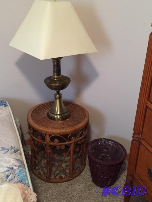 lot 154 image: Round wicker side table and brushed brass ton...