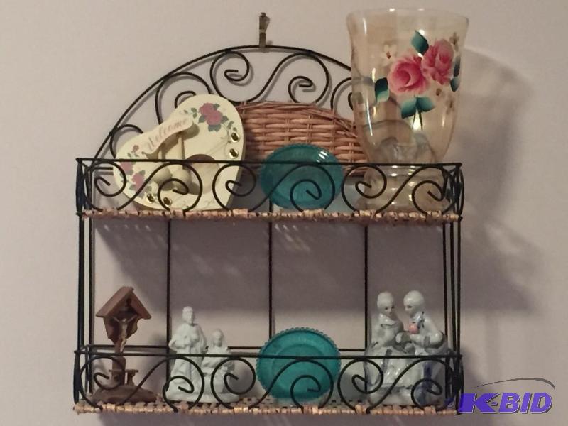 lot 155 image: Wicker and Wire Hanging Shelf with Contents
